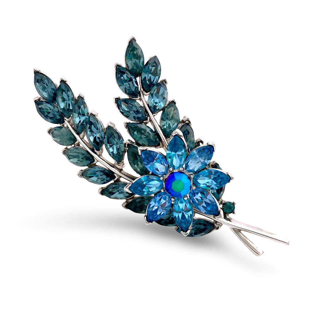 Vintage 1960s Signed TRIFARI Blue Rhinestone Floral Spray Flower ...