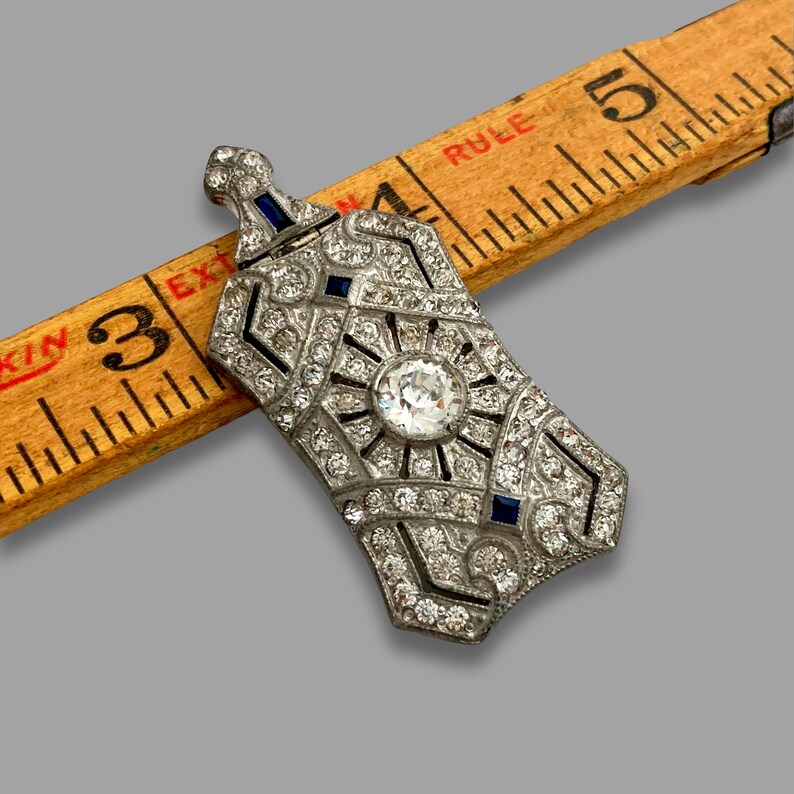 Vintage 1930s Art Deco Blue Jewel-tone Clear Pave Rhinestone Geometric Necklace Pendant image 5