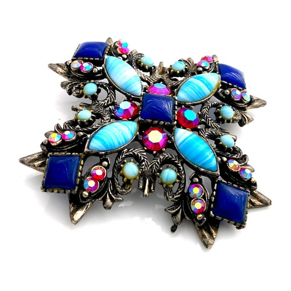 Vintage 1960s FLORENZA Maltese Cross Blue Art Gla… - image 4