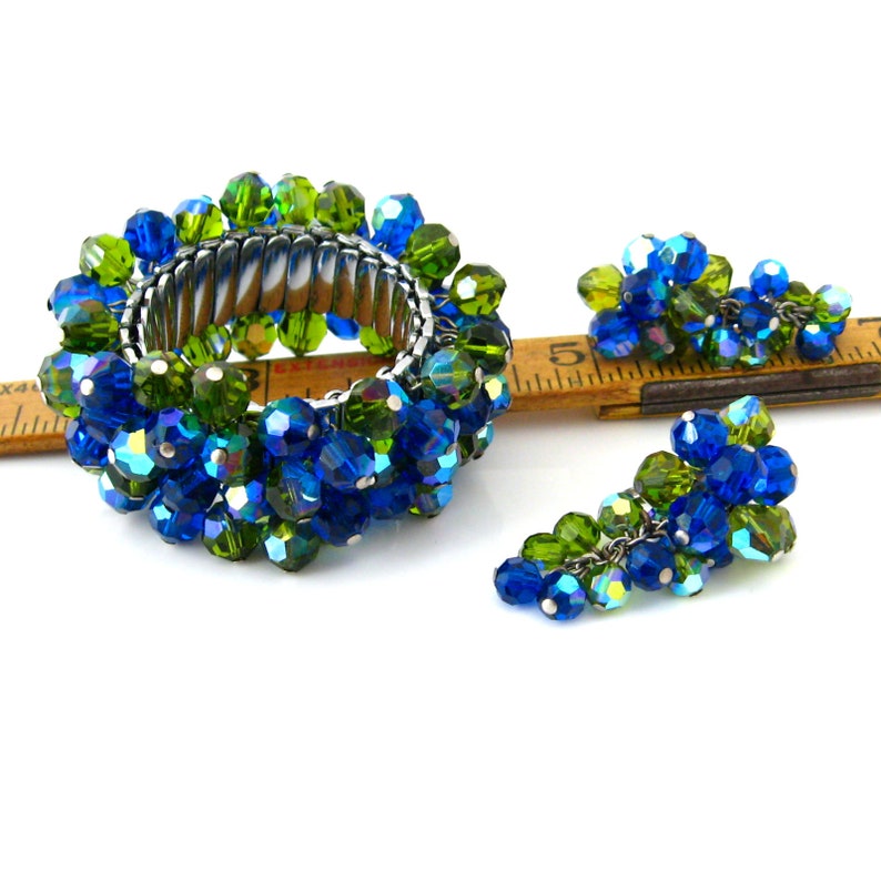 1950s Costume Jewelry Vintage JAPAN Blue Green Crystal Cha Cha Bracelet Earrings Set Glass Bead Demi Parure