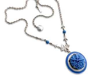 Vintage 1930s Art Deco Blue Molded Glass Flower Enamel Pendant Drop Necklace