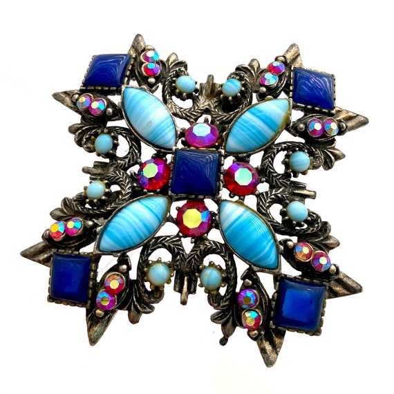 Vintage 1960s FLORENZA Maltese Cross Blue Art Gla… - image 1