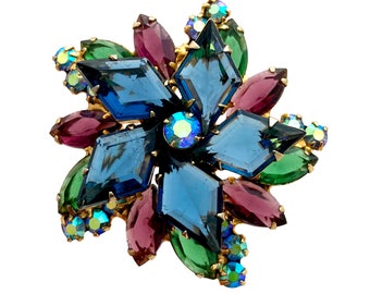 Vintage JULIANA Blue Diamond Shape Rhinestone Jewel-tone Pinwheel Flower Brooch