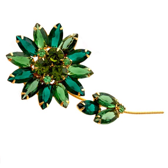 Broche originale vintage ton sur ton avec motif floral bleu-vert et strass multicolores - France
