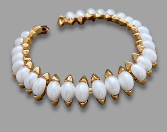 Vintage TRIFARI Faux Pearl Line Bracelet, Signed Gold-tone Tennis Link, 1960s Costume Jewelry