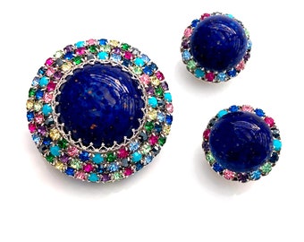 Vintage 1950s Signed AUSTRIA Blue Art Glass Rhinestone Dome Brooch Earrings Set