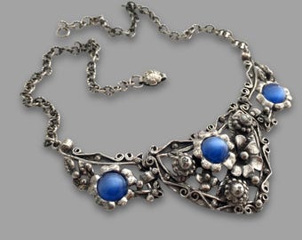 Vintage 1940s Signed CORO Blue Moonglow Lucite Flower Metalwork Choker Necklace