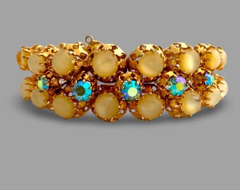 Vintage 1960s Moonglow Yellow Glass Aurora Borealis Rhinestone Cuff Bracelet