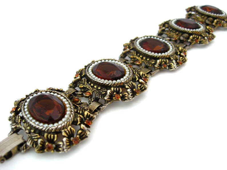 Vintage GARNE Victorian Revival Topaz Rhinestone Bracelet Signed Brown Glass Faux Pearl Chunky Flower Link 1950s Costume Jewelry