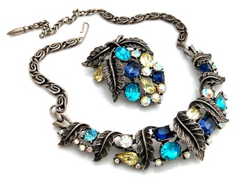Vintage 1950s CORO Blue Yellow Rhinestone Leaf Necklace Brooch Costume Jewelry Set