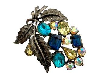 Vintage 1950s CORO Blue Yellow Jewel-tone Rhinestone Fruit Leaf Costume Brooch