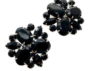 Vintage JULIANA Huge Jet Black Glass Rhinestone Earrings, D&E Statement Clip On, 1960s Costume Jewelry