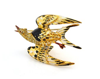 Vintage 1940s Swallow Bird in Flight Enamel Brooch, Pave Rhinestone Figural Pin, Vintage 40s Jewelry