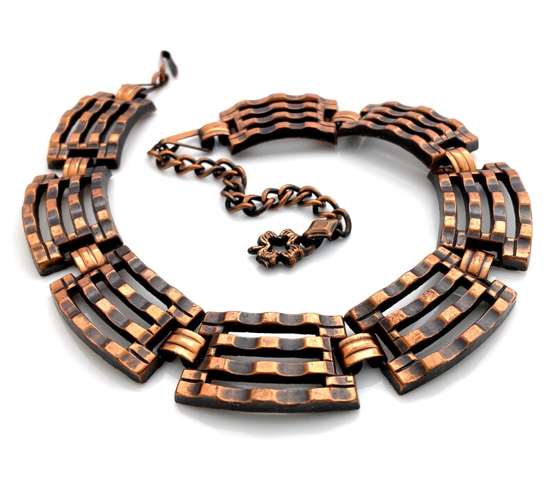 Vintage Mid Century Modern Copper Necklace, MCM Modernist Ribbed Metalwork Choker, 1950s Costume Jewelry image 4