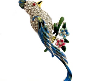 Vintage 1940s CORO Calopsitta Blue Bird Enamel Rhinestone Duette Fur Clip Brooch