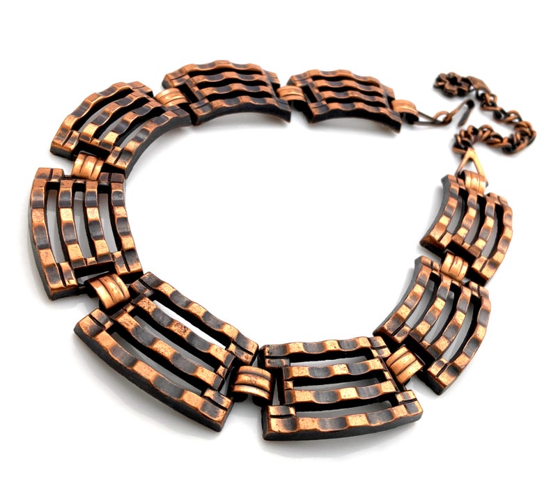 Vintage Mid Century Modern Copper Necklace, MCM Modernist Ribbed Metalwork Choker, 1950s Costume Jewelry image 3