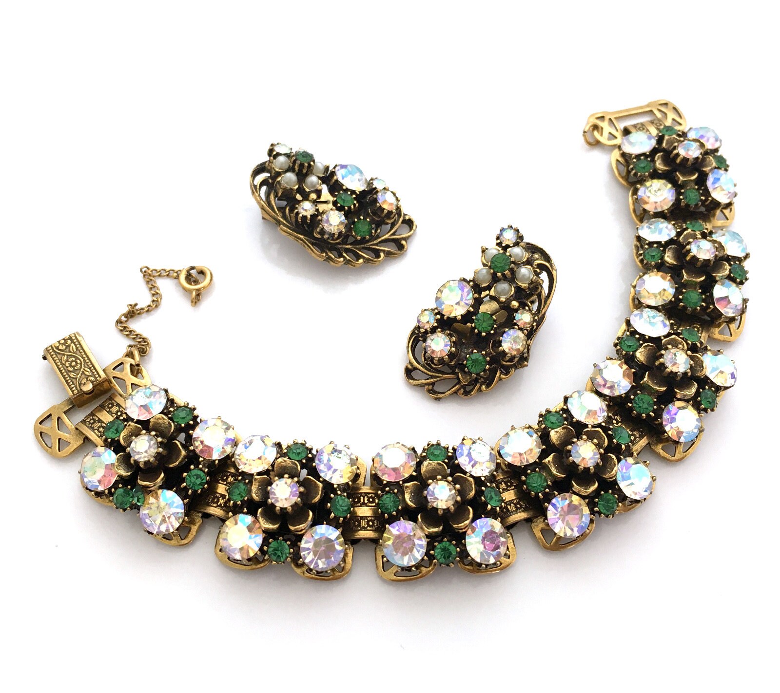 Vintage FLORENZA Green Rhinestone Flower Bracelet Earrings | Etsy