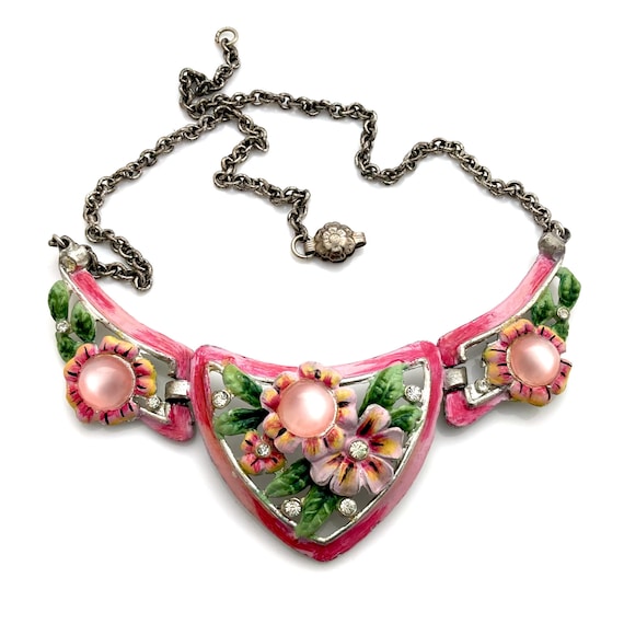 Vintage 1940s CORO Pink Moonglow Flower Necklace,… - image 1