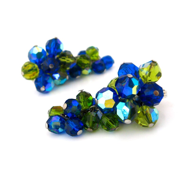 1950s Costume Jewelry Vintage JAPAN Blue Green Crystal Cha Cha Bracelet Earrings Set Glass Bead Demi Parure