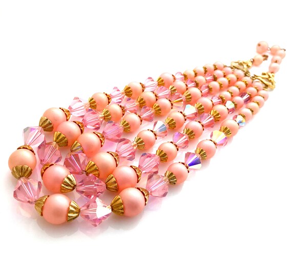 Vintage 1950s Pink Crystal and Plastic Bead Multi… - image 2