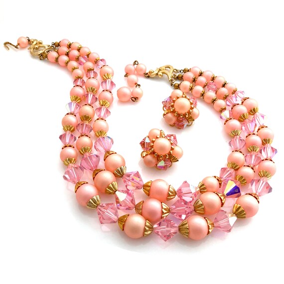 Vintage 1950s Pink Crystal and Plastic Bead Multi… - image 1