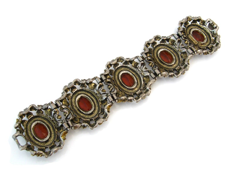Vintage GARNE Victorian Revival Topaz Rhinestone Bracelet Signed Brown Glass Faux Pearl Chunky Flower Link 1950s Costume Jewelry