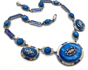 Vintage 1930s Art Deco Blue Satin Art Glass Enamel Marcasite Choker Necklace
