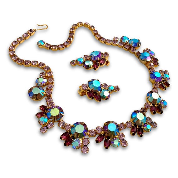 Vintage 1960s JULIANA D&E Purple Jewel-tone Rhinestone Necklace Earrings Demi Parure Set