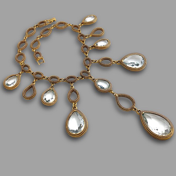 Vintage 1960s Signed GOLDETTE Teardrop Glass Rhinestone Dangle Drop Statement Necklace