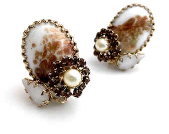 Vintage SCHREINER Copper Fluss Art Glass Earrings, Rhinestone Flower Clip On, 1960s Costume Jewelry
