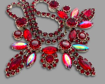 Vintage 1960s Unsigned Red Jewel-tone Rhinestone Aurora Borealis Art Glass Necklace