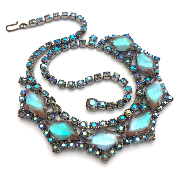 Vintage 1950s High-end SAPHIRET Art Glass Aurora Borealis Rhinestone Choker Necklace