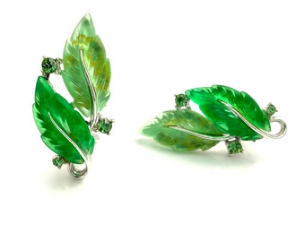 Vintage 1960s Signed LISNER Green Molded Lucite Rhinestone Leaf Climber Clip Earrings