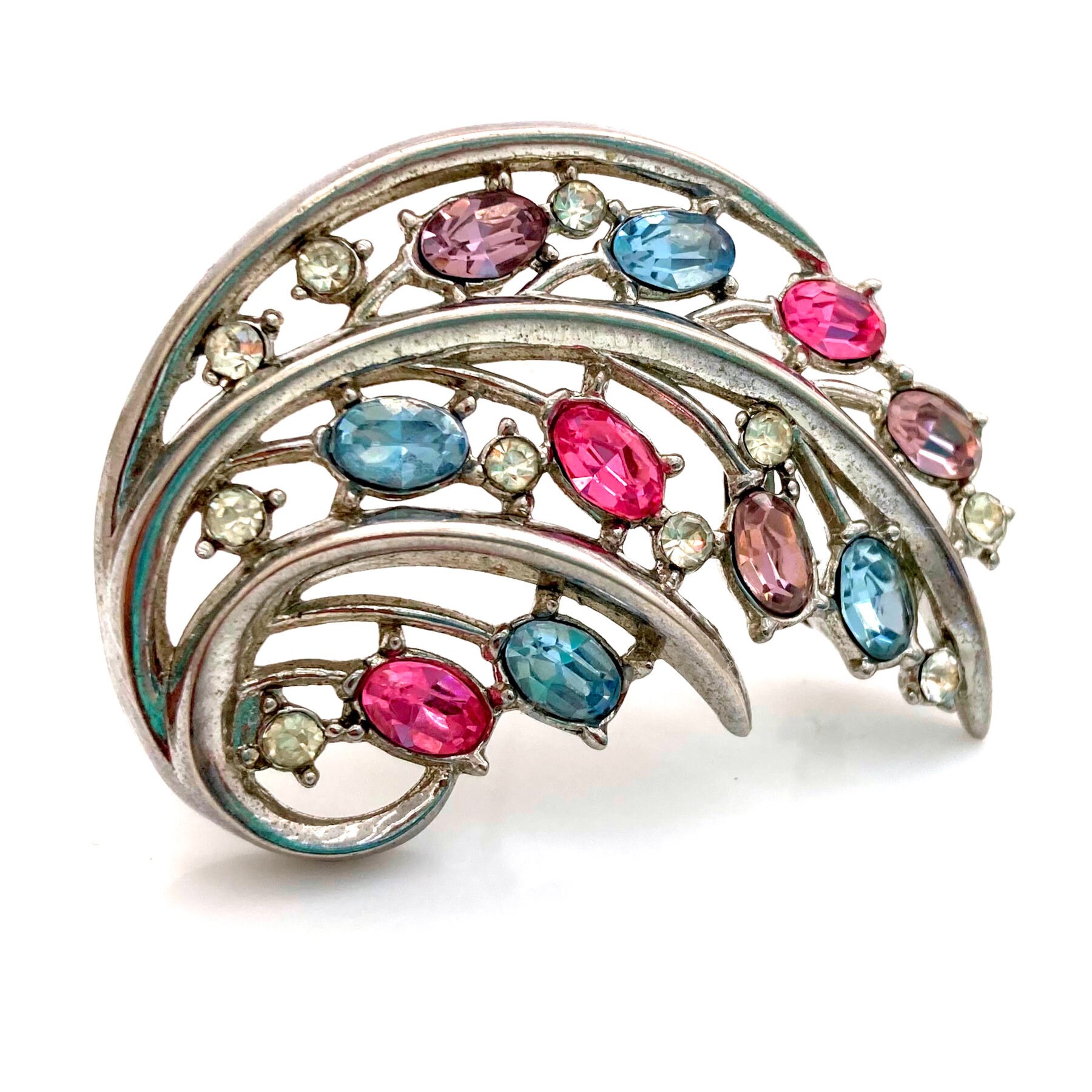 Vintage 1950s Signed TRIFARI Pastel Pink Blue Rhinestone Stylized Swirl ...