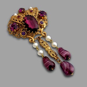 Vintage Signed GERMANY Victorian Revival Purple Glass Rhinestone Filigree Brooch