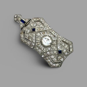 Vintage 1930s Art Deco Blue Jewel-tone Clear Pave Rhinestone Geometric Necklace Pendant image 3