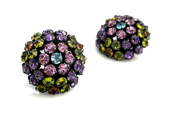 Vintage SCHREINER Inverted Multi-color Jewel-tone Rhinestone Dome Costume Jewelry Earrings