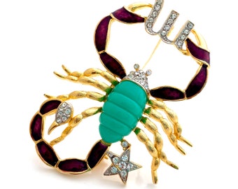 Vintage DeNicola Scorpio Zodiac Molded Plastic Brooch, Signed Astrological Scorpion Enamel Rhinestone Figural Pin, 1960s Costume Jewelry