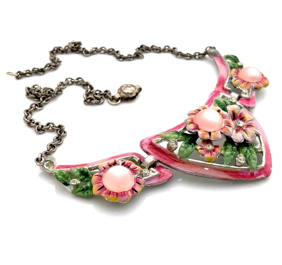 Vintage 1940s CORO Pink Moonglow Flower Necklace,… - image 4