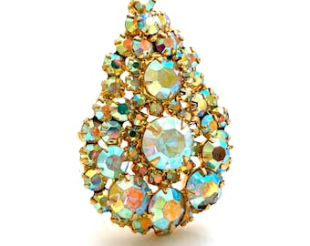 Vintage 1960s JULIANA D&E Aurora Borealis Rhinestone Teardrop Brooch Pendant