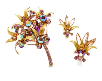 Vintage JULIANA Venus Flame Pink Rhinestone Flower Brooch Earrings Set, D&E Floral Demi Parure, 1960s Costume Jewelry