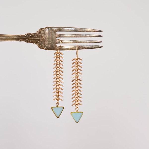 Fisherman's Daughter Chevron Earrings - Blue Triangle and Fish Spine Chain Drop Earrings, Tribal Fish Bone Chain, Chevron by Prairieoats