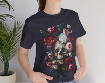 T-shirt bloemenschedel, shirt wilde bloemen, shirt bloei schedel, bloemen schedel boho graphic T-shirt, T-shirt bloemenschedel skelet, skelet bloeit