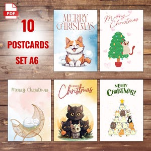 Juego de tarjetas navideñas con lindos gatos / 10 imágenes digitales imprimibles / Tarjeta de invierno, descarga instantánea en PDF / Tarjeta de felicitación con deseos