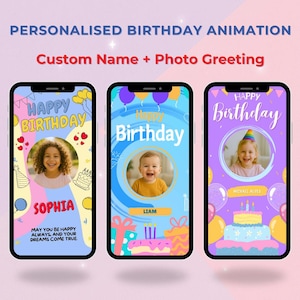 Animação de aniversário personalizada para crianças | Nome personalizado e foto de saudação | Cartão de vídeo digital curto | Presente animado fofo para criança
