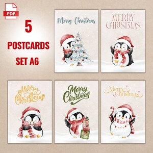 Set di cartoline "Pinguini di Natale" / 5 Download digitale stampabile / Biglietto di auguri / Download immediato per la stampa / Biglietto dei desideri