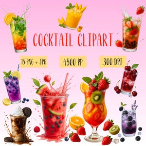 Set von 15 Aquarell Sommer Cocktail, digitale Kunst png jpg, Cocktail Drucke, transparenter Hintergrund, Cocktail Poster, Getränke Bilder, Obst, Wasserfarben