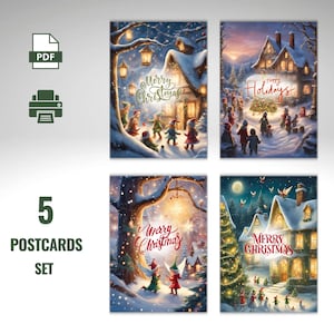 Set Weihnachtspostkarten | 5 Druckbare digitaler Download | Grußkarte | Sofortiger Download zum Ausdrucken | Wunschkarte