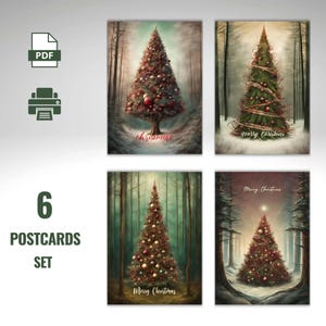 Set di biglietti di Natale gotici / 6 download digitali stampabili / Biglietto di auguri / Download stampabile immediato / Bellissimo biglietto con albero di Natale verde