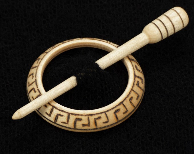 Greek Key Llarissa Hand Turned Maple Pyrographed Wood Shawl Pin Set